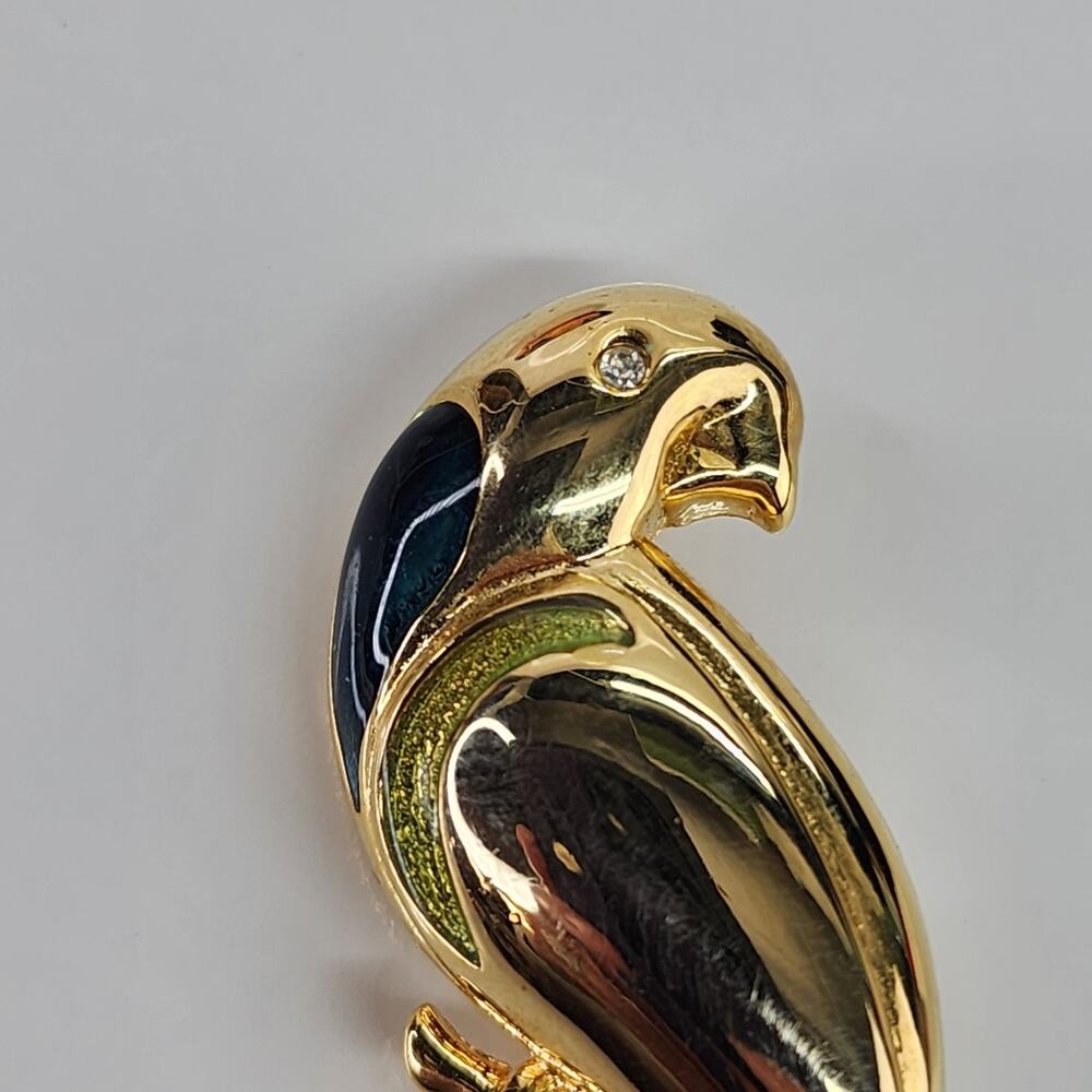 Liz Claiborne Parrot Bird Brooch Pin Signed 3” Gold Tone Green Enamel Vintage LC - Picture 3 of 10